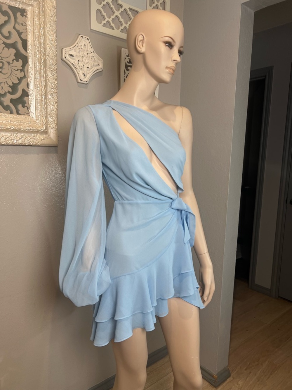 One-Shoulder Light Blue Ruffle Wrap Dress - Picture 5 of 10